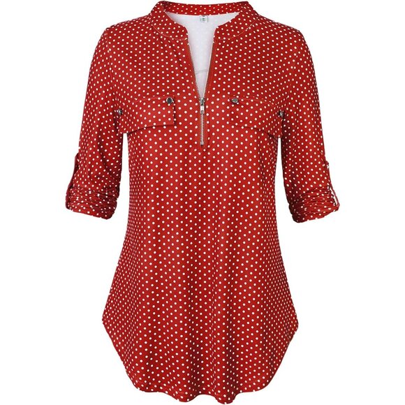 Women's V Neck Zip Cuffed Sleeve Flowy Work Tunic Tops Shirts Blouse Red Dot - Picture 2 of 2